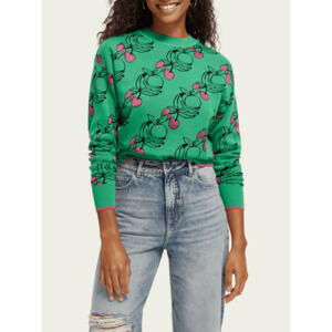 Scotch & Soda Sweater Women's XS Fruit Print Jacquard Pullover Green Pink